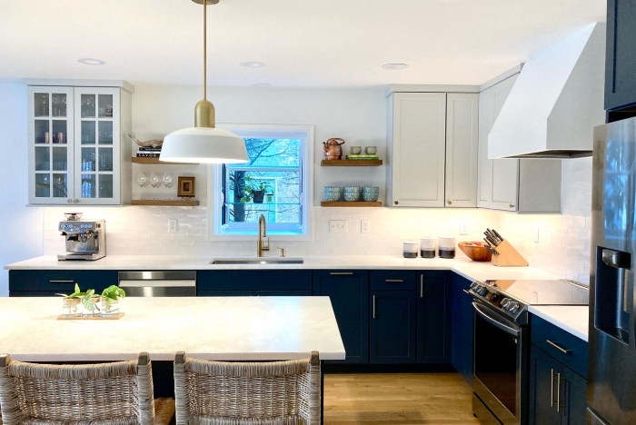 beautiful modern kitchen with blue cabinets designed by American Cedar